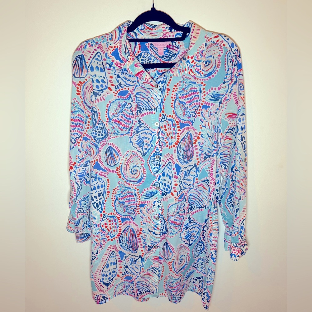 Lilly Pulitzer Women's MEDIUM Jupiter Island Tunic Top Shell Me About It - Blue